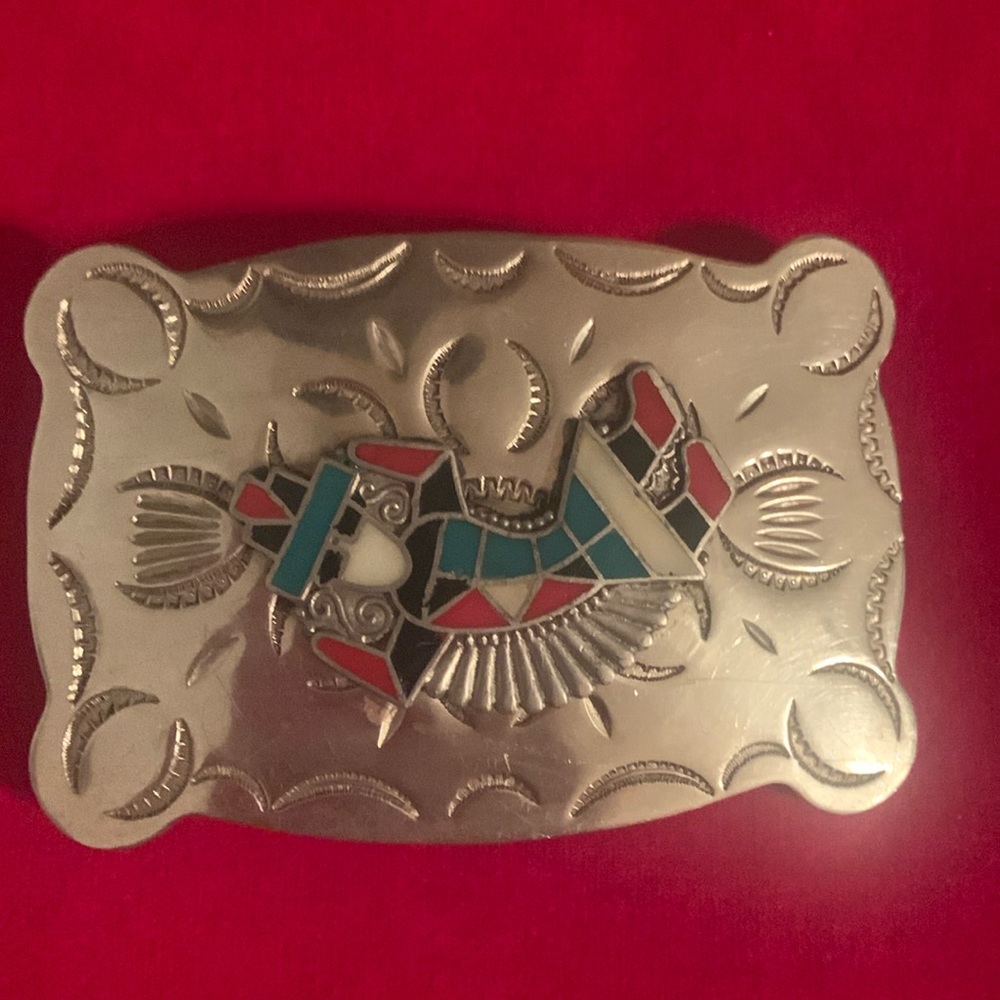 Vintage Frontier Buckle Nickel Silver Belt Buckle With Colorful Enamaled Kachina